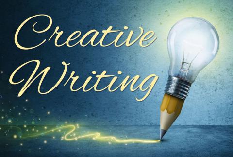 Whimsical Pencil with a lightbulb on top writing and says creative writing