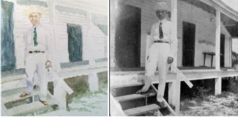 A man poses for a photograph at a Casa Ybel Cottage, 1912