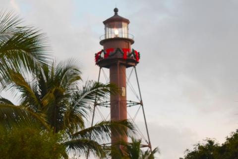 Sanibel Lighthouse Red Ribbons and greenery