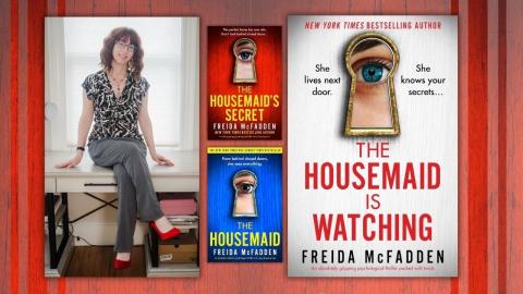 Freida McFadden with her books "The Housemaid's Secret", "The Housemaid", and "The Housemaid is Watching"