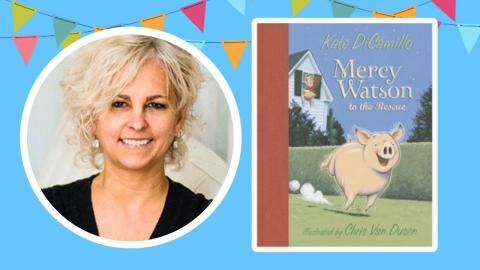 Kate DiCamillo with her book "Mercy Watson to the Rescue"