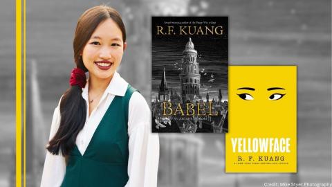 R. F. Kuang with her books "Babel" and "Yellowface"