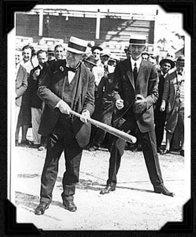 Thomas Edison and Connie Mack batting a ball