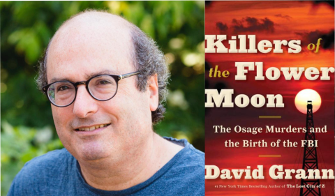 Author David Grann with his book "Killers of the Flower Moon"