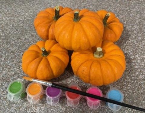 mini pumpkins with paintbrush and paints