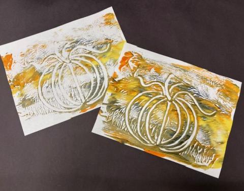 two paintings of a pumpkin