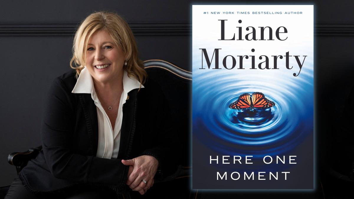 Author Liane Moriarty with her book "Here One Moment"