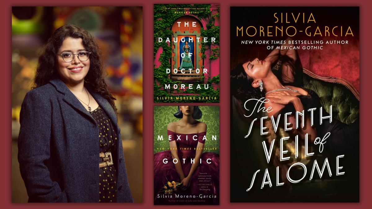 Author Silvia Moreno-Garcia with three of her books titiled : "The Daughter of Doctor Moreau", "Mexican Gothic", and "The Seventh Veil of Salome"