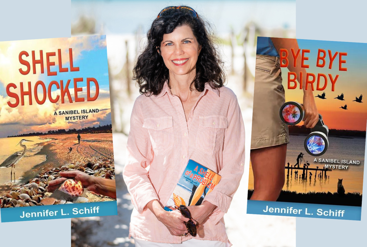 Author Jennifer L. Schiff and two of her books titled "Shell Shocked: A Sanibel Island Mystery" and "Bye Bye Birdy: A Sanibel Island Mystery". 