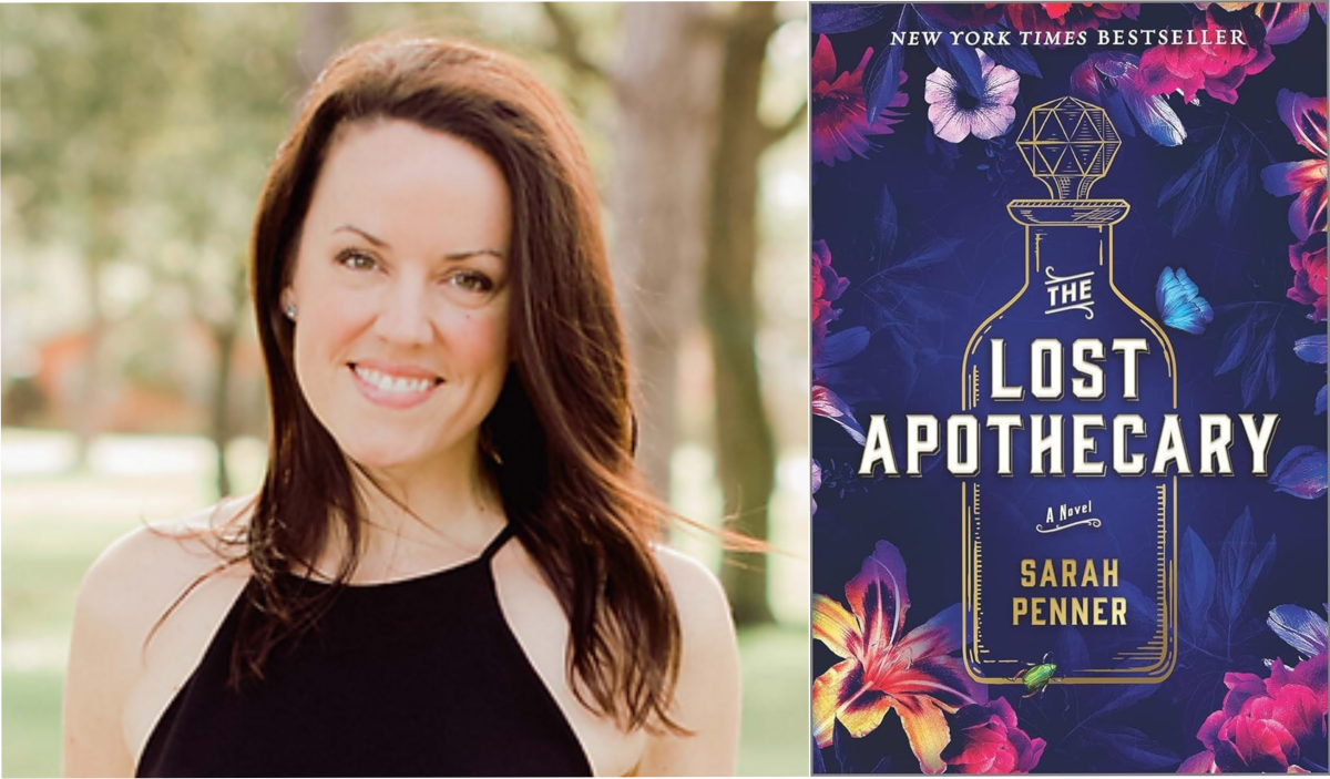 Author Sarah Penner with her book "The Lost Apothecary"