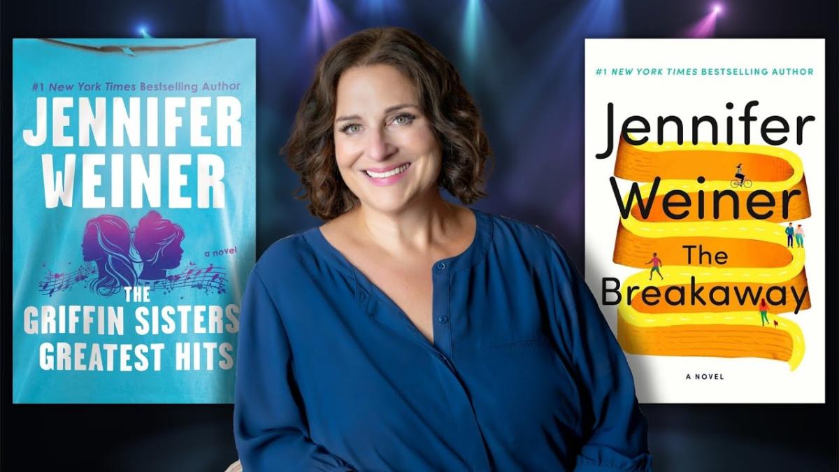 Author Jennnifer Weiner with her books "The Griffin Sisters Greatest Hits" and "The Breakaway"