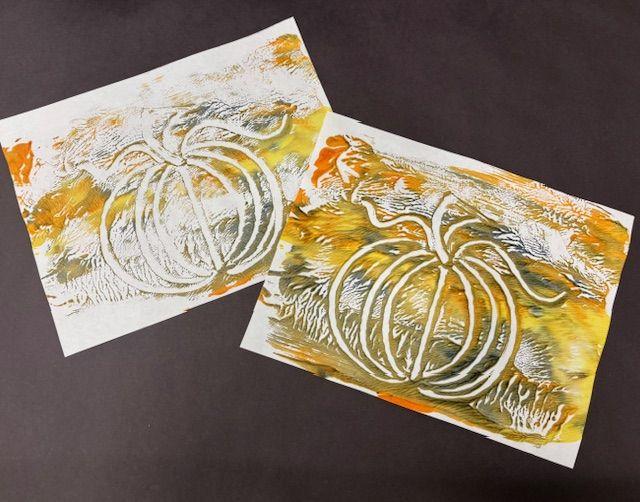 two paintings of a pumpkin