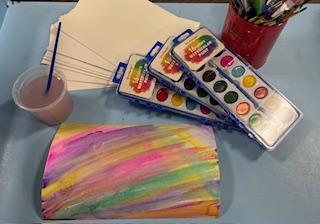watercolor paint palettes, paintbrushes, watercolor painting