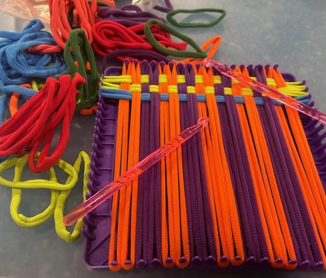 Weaving loom, with potholder project, and loops